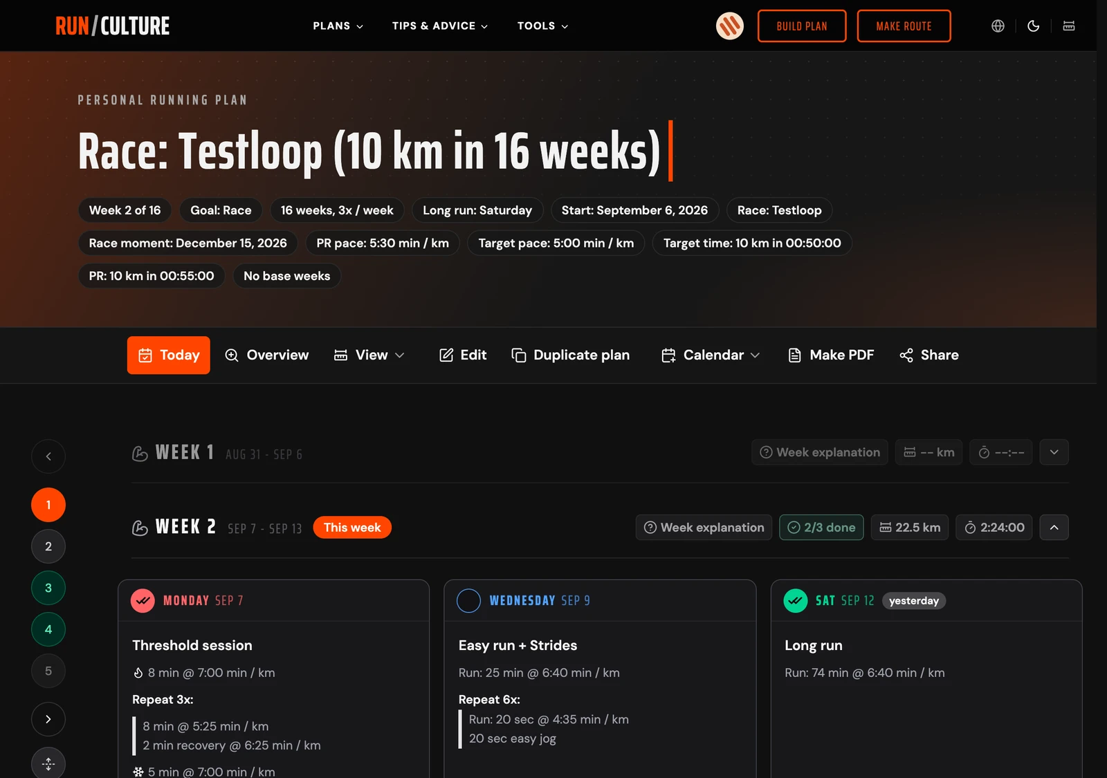A personal 10 km plan on RunCulture, signed in as the owner, with the Edit button in the toolbar above the week overview
