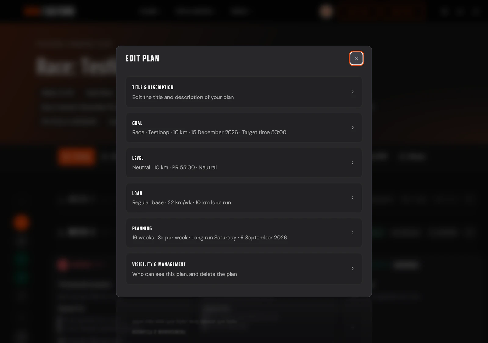 The Edit plan popup with the parts Title & description, Goal, Level, Load, Planning and Visibility & management