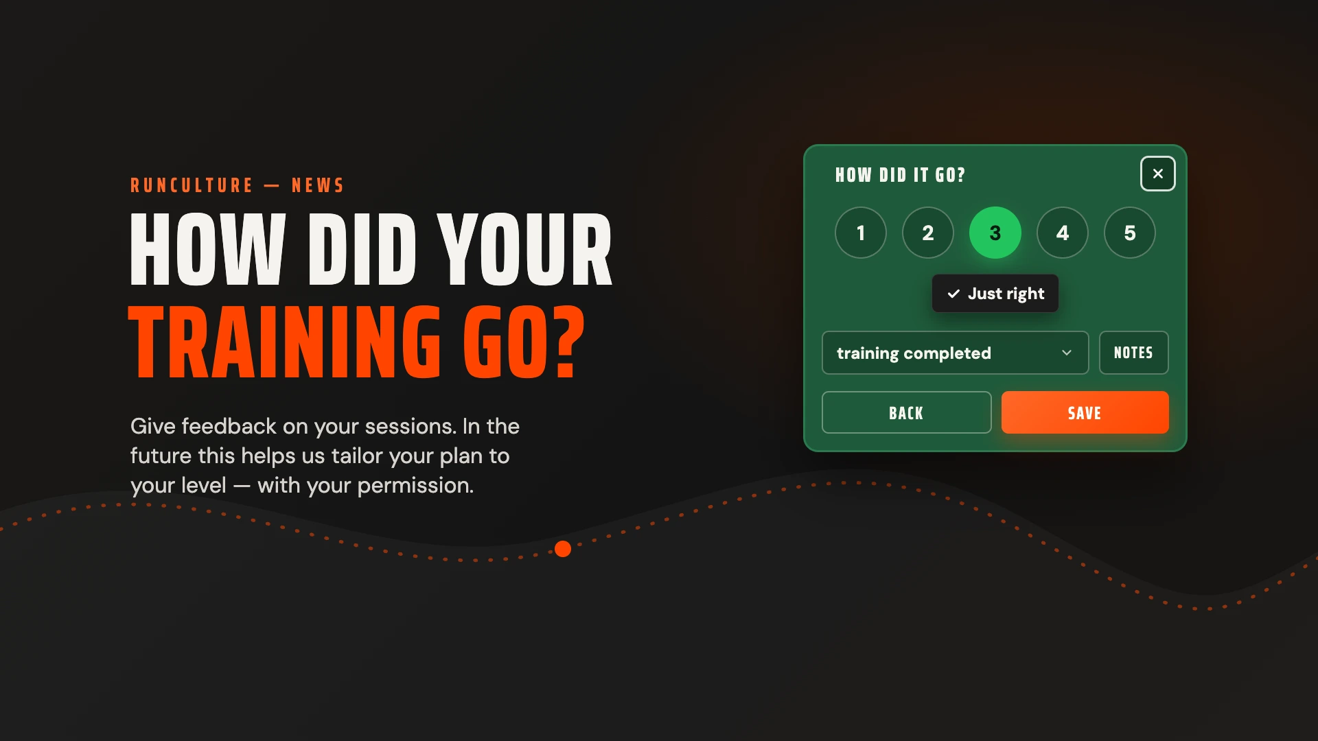 How did your training go? A feedback card with score 3 selected on a dark background