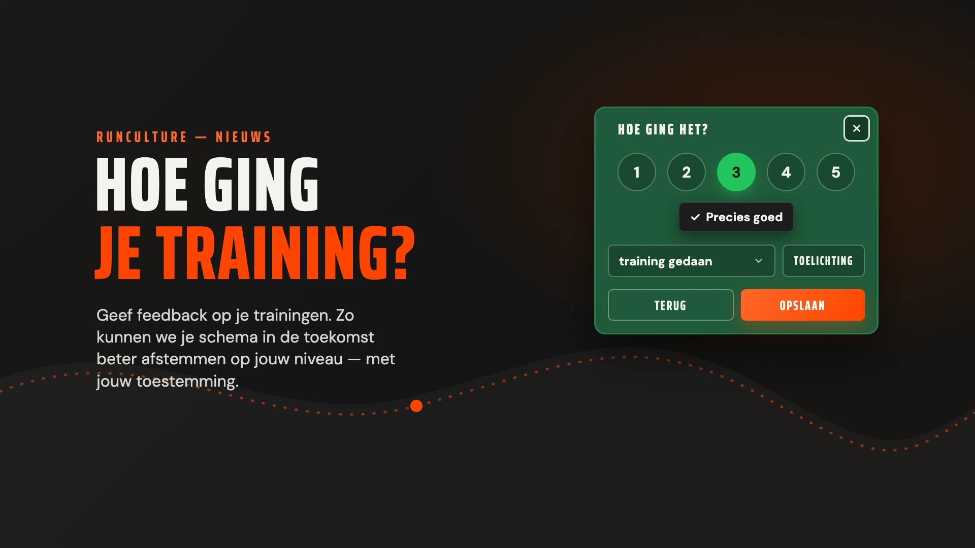 Hoe ging je training? Een feedbackkaart met score 3 geselecteerd op een donkere achtergrond