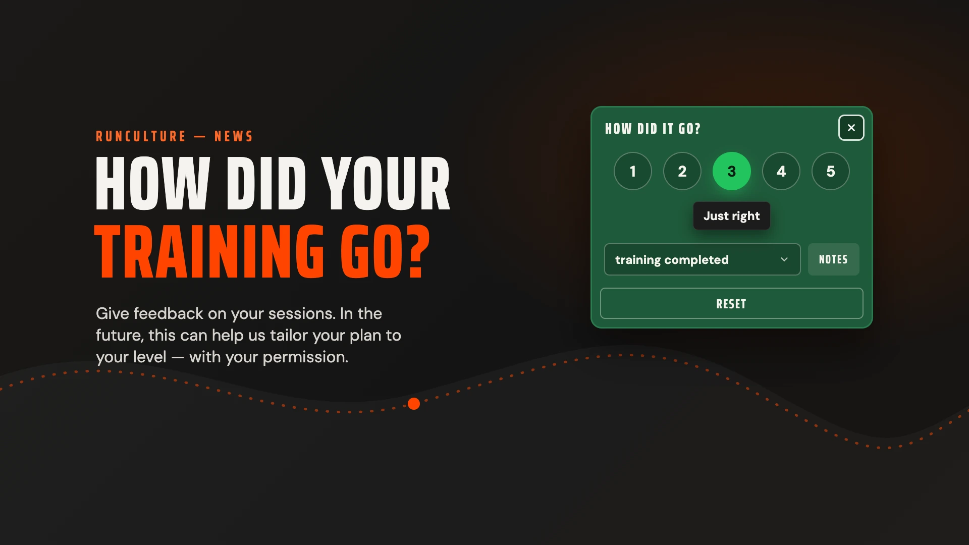 How did your training go? A feedback panel with score 3 selected, the label Just right, and the Reset button on a dark background