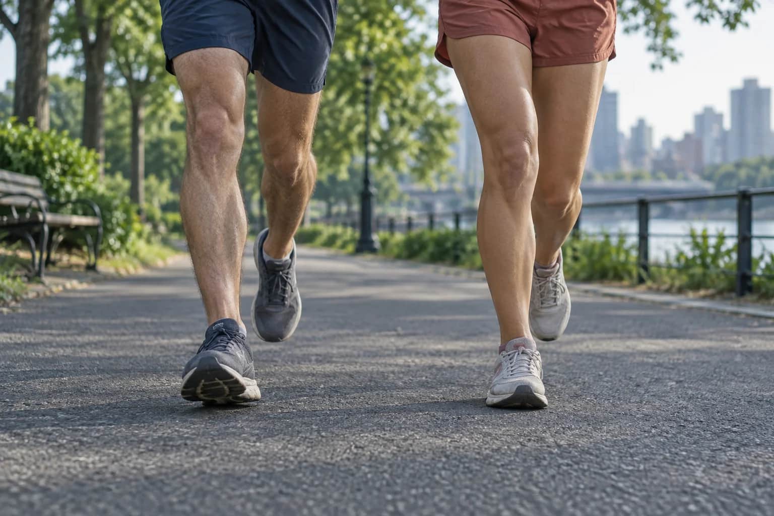 Twee lopers trainen op een vlak asfaltpad in een stadspark