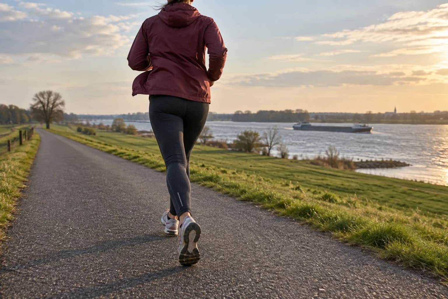 Een loper tijdens een rustige duurloop op een vlak pad langs de rivier