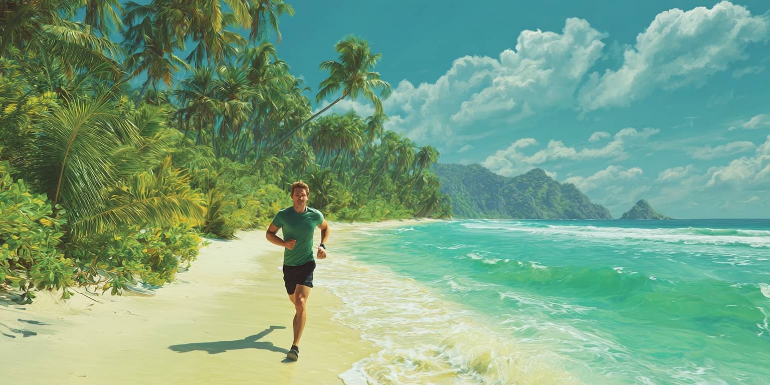 runner on a tropical beach - running while traveling