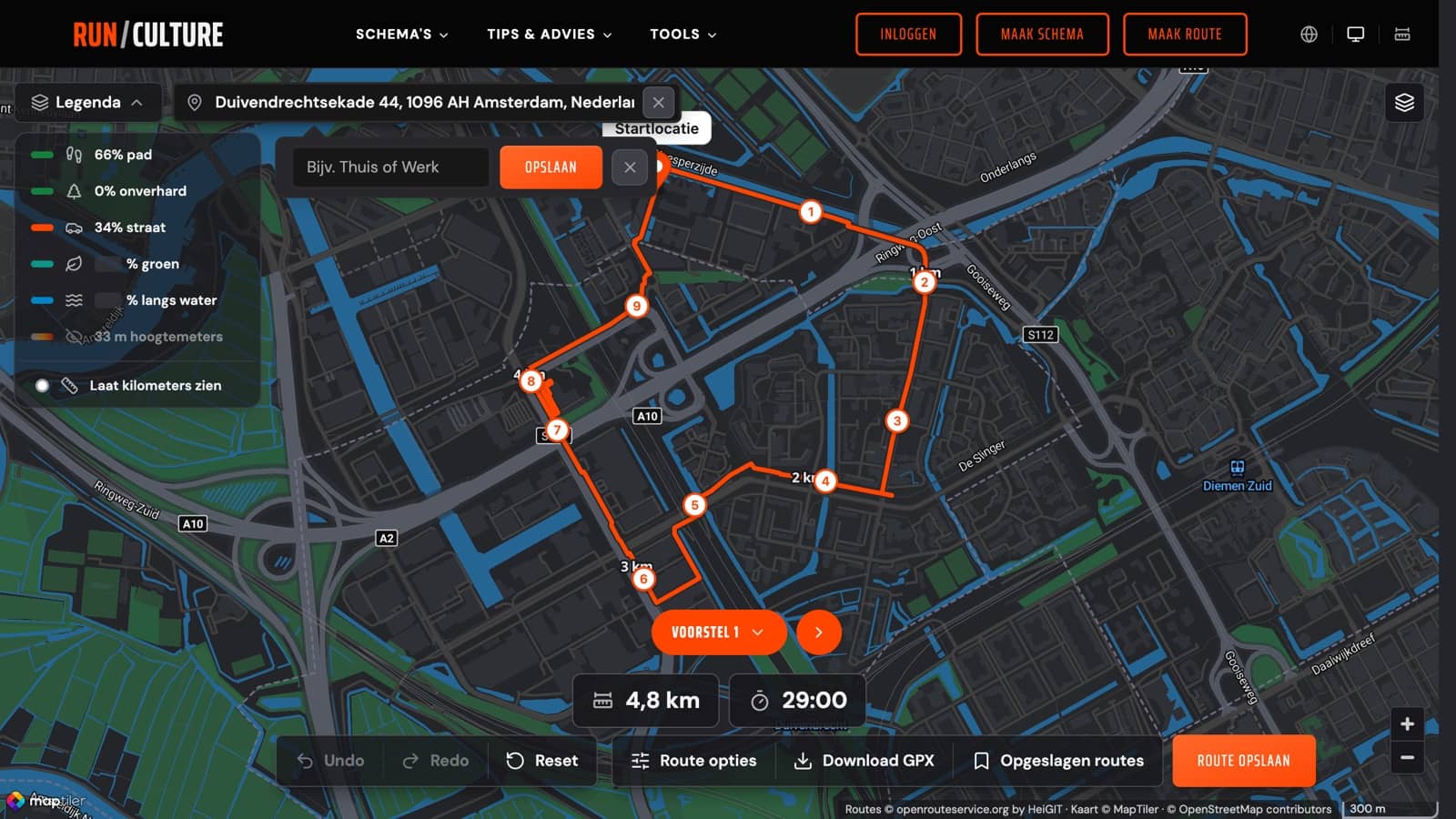 De RunCulture-routeplanner met een gegenereerd routevoorstel van 4,8 km door Amsterdam, inclusief kilometerpunten en legenda