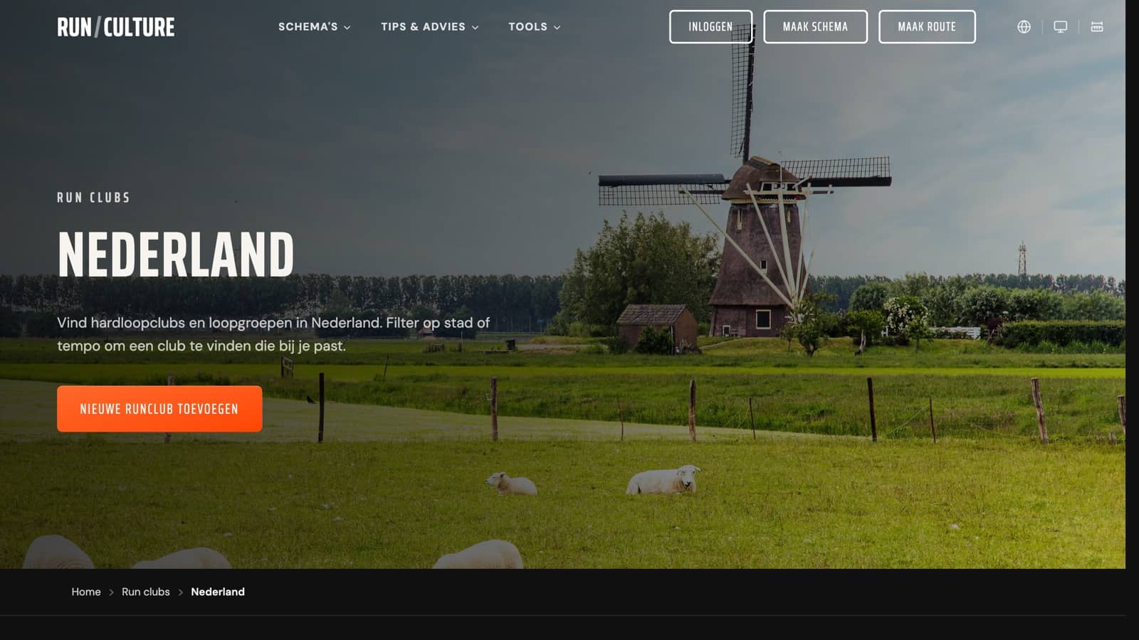 De runclubs-pagina van RunCulture voor Nederland, met de knop om een nieuwe runclub toe te voegen
