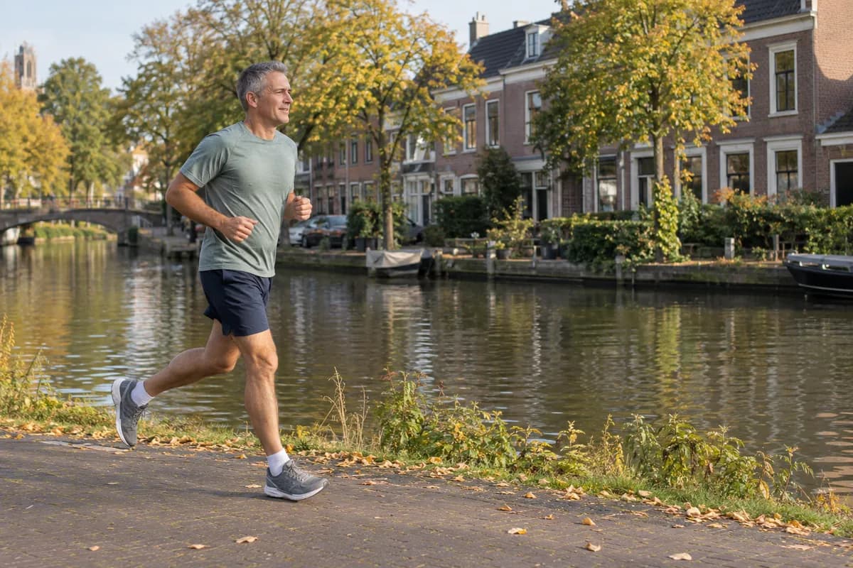 Hardloper in een shirt met korte mouwen en shorts langs een gracht