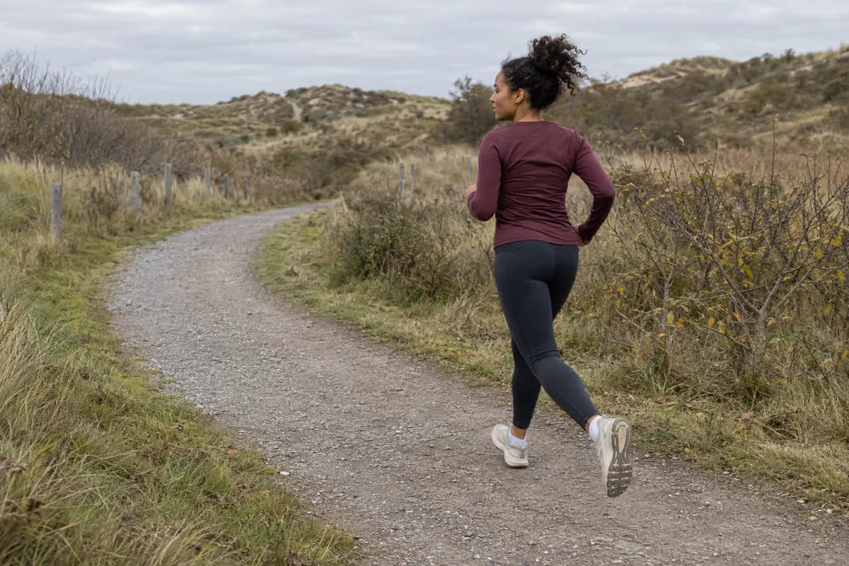 Hardloopster in een bordeaux shirt met lange mouwen en tights op een duinpad