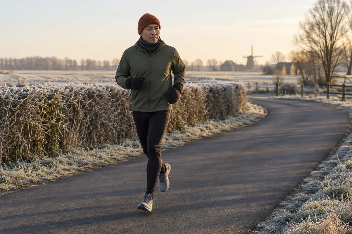 Hardloper met warme kledinglagen, muts, nekwarmer en wanten op een landweg naast berijpte velden