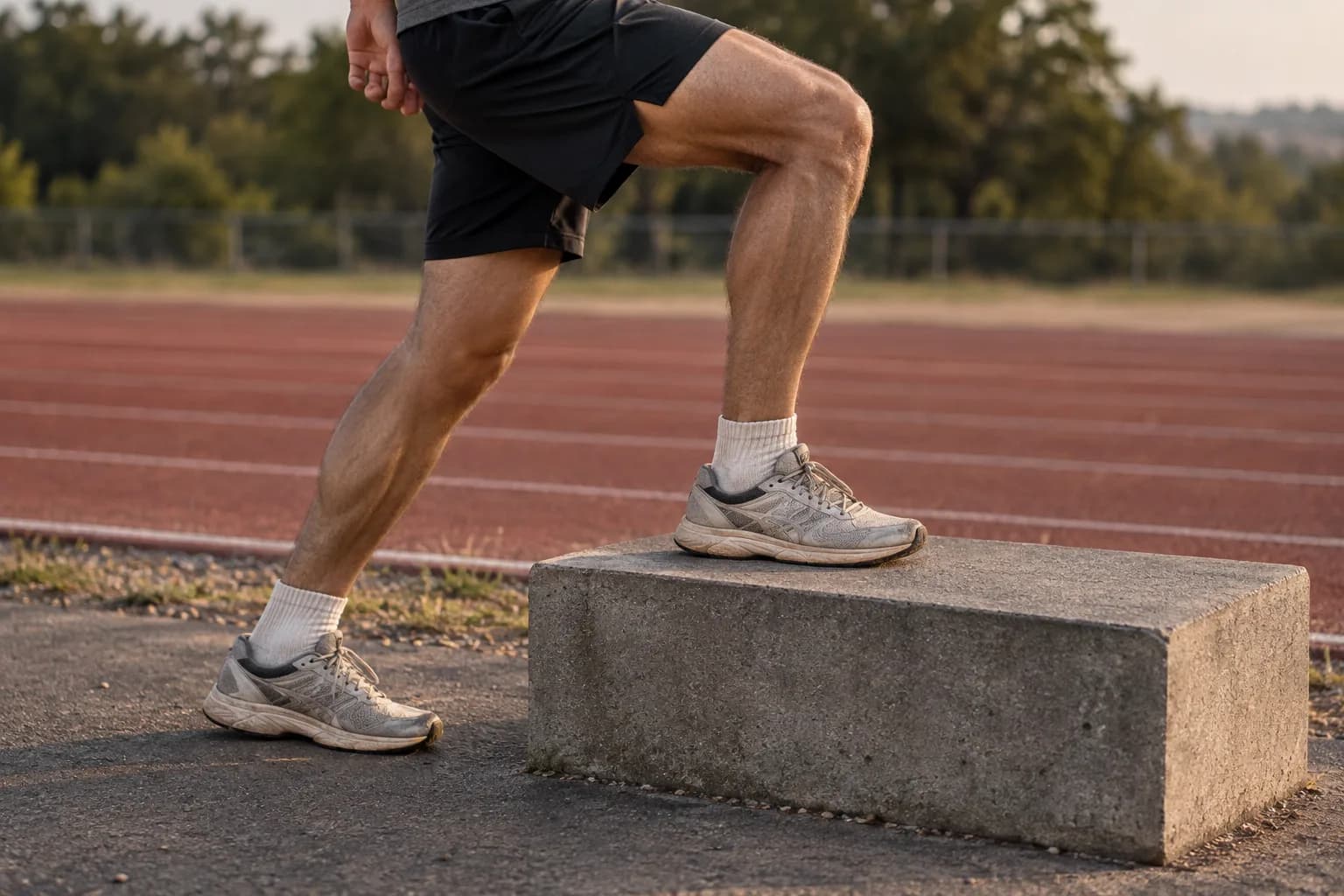 Benen van een loper bij een step-up, met één voet volledig op een betonnen verhoging en de andere op de grond