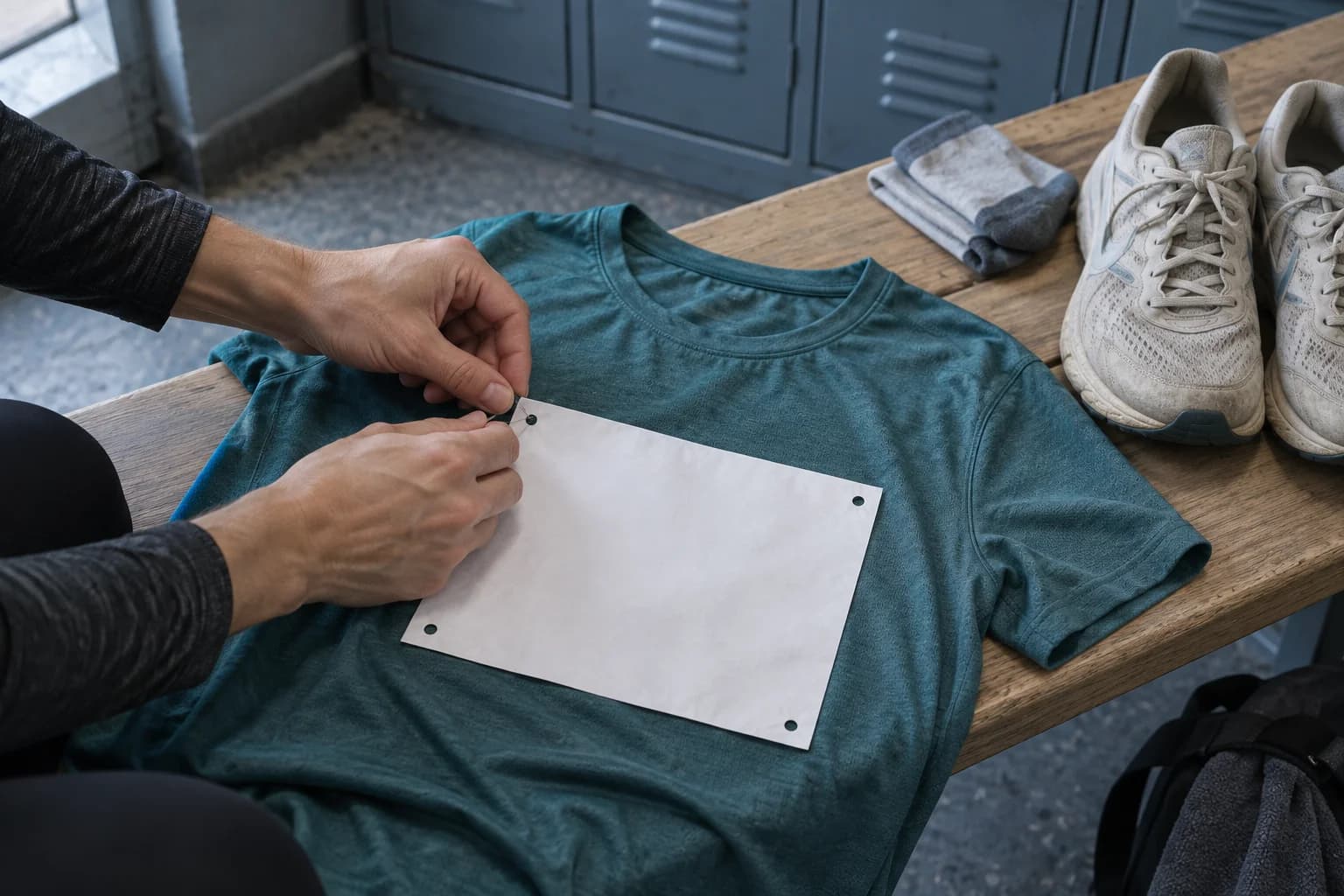 Handen bevestigen een startnummer aan een hardloopshirt, naast gedragen loopschoenen op een bank