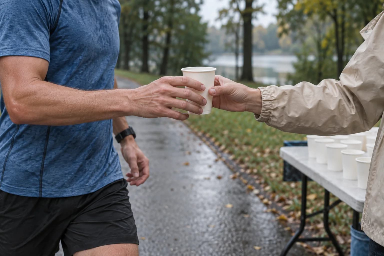 Een loper neemt onderweg een bekertje aan bij een drinkpunt