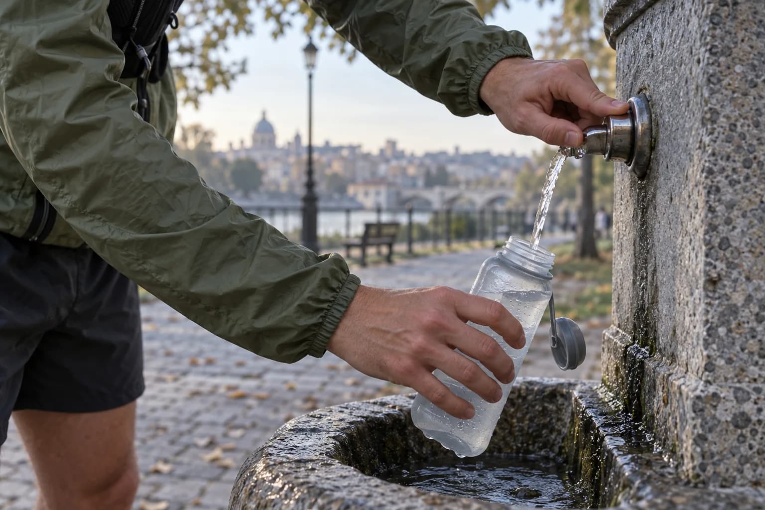 Een loper vult een drinkfles bij aan een openbare drinkkraan
