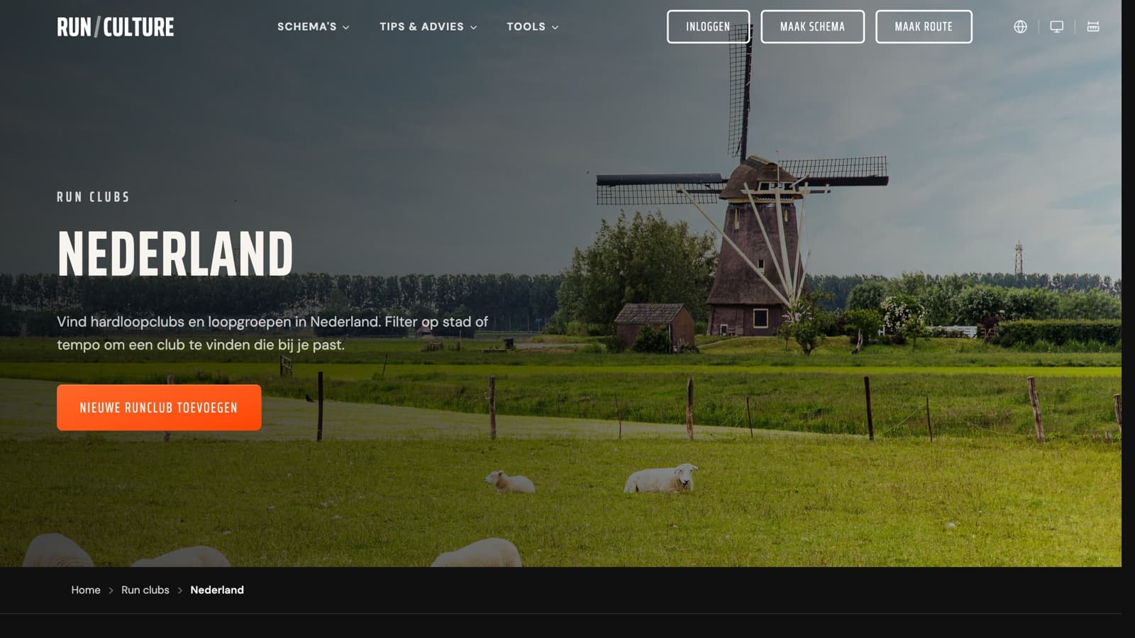 De runclubs-pagina van RunCulture voor Nederland, met de knop om een nieuwe runclub toe te voegen