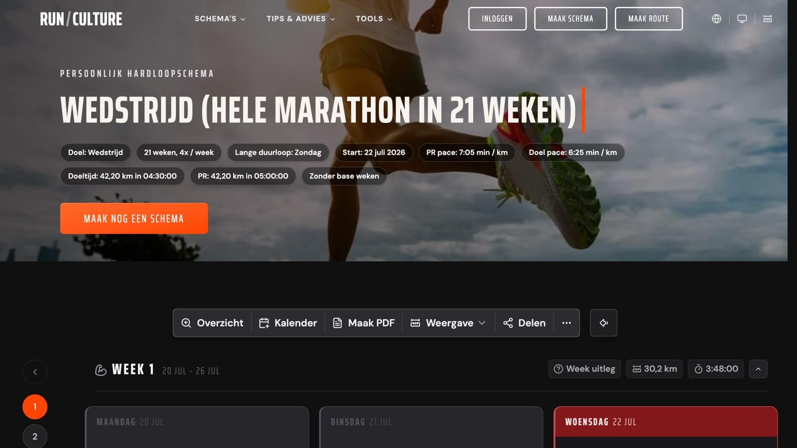 Een persoonlijk marathonschema op RunCulture, met doel, tempo's en het weekoverzicht
