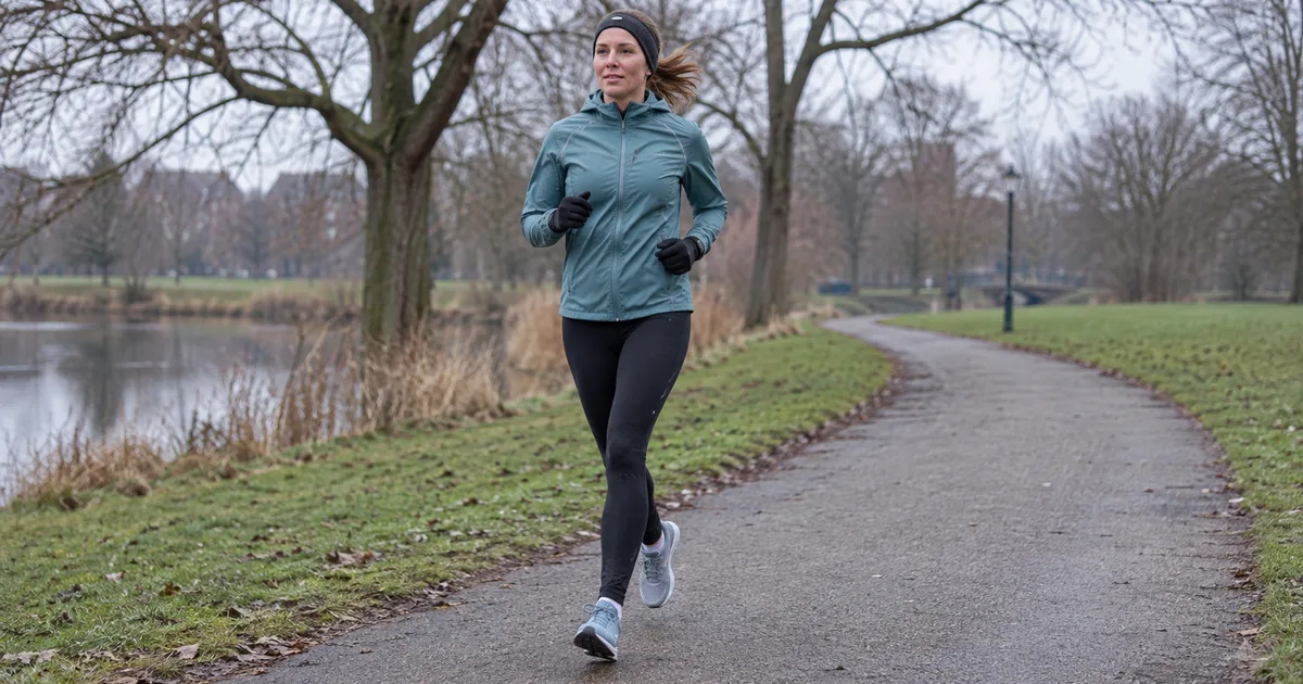 Hardloopster met een licht jack, lange tights, handschoenen en hoofdband op een winters parkpad