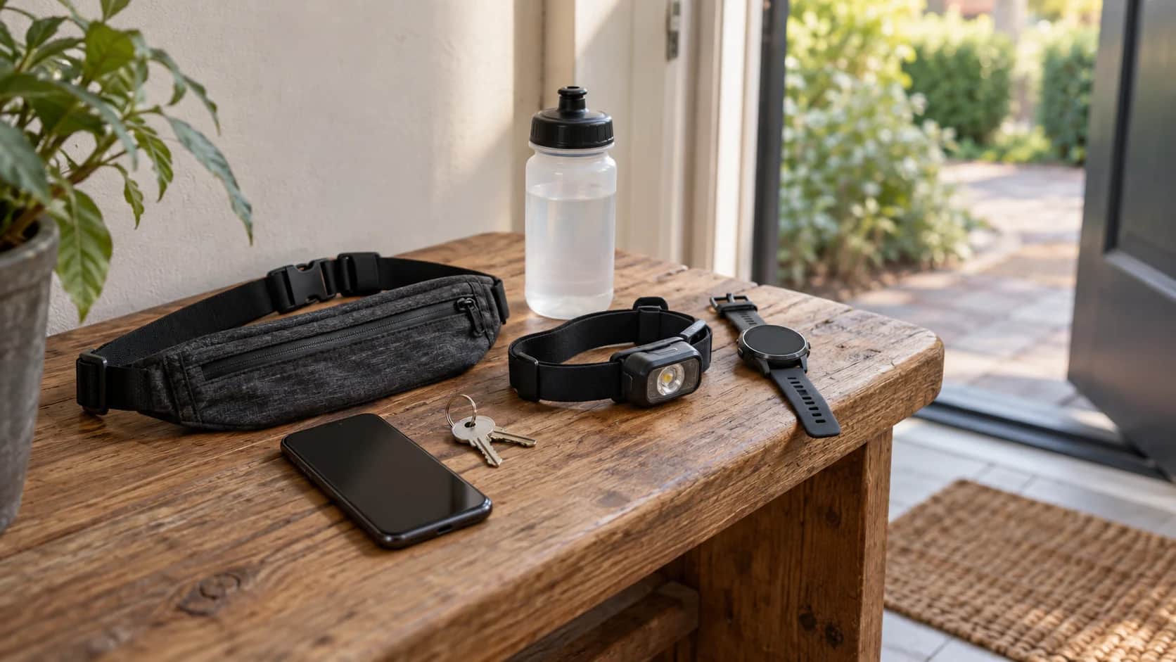 A running belt, headlamp, running watch, water bottle, phone and keys on a wooden bench.