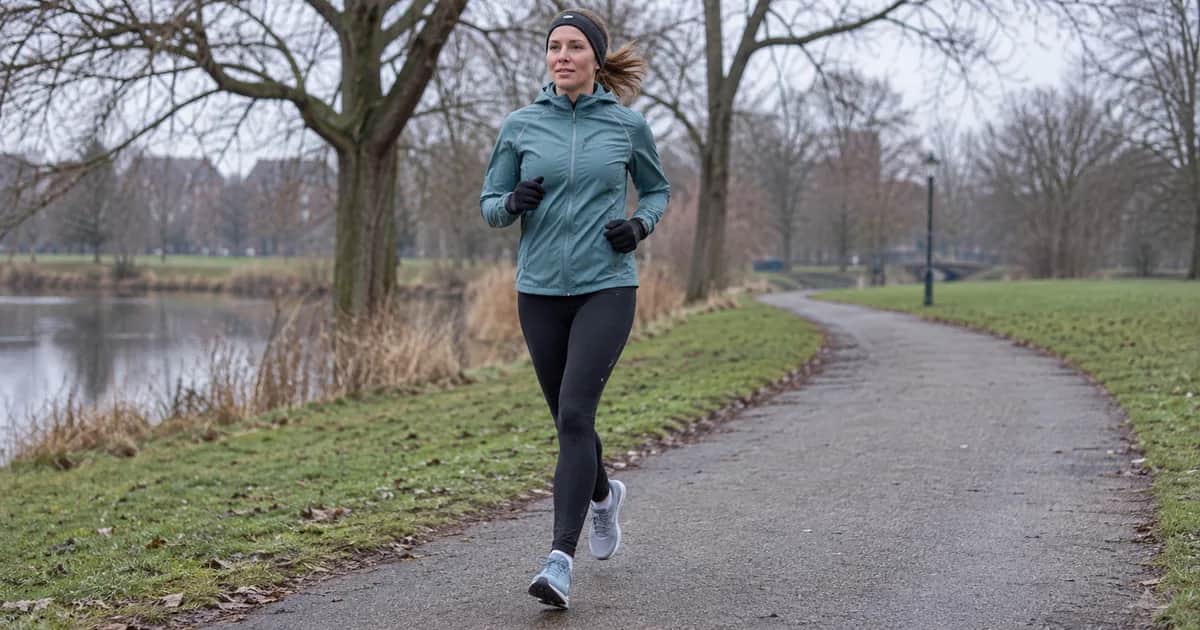 Hardloopster met een licht jack, lange tights, handschoenen en hoofdband op een winters parkpad