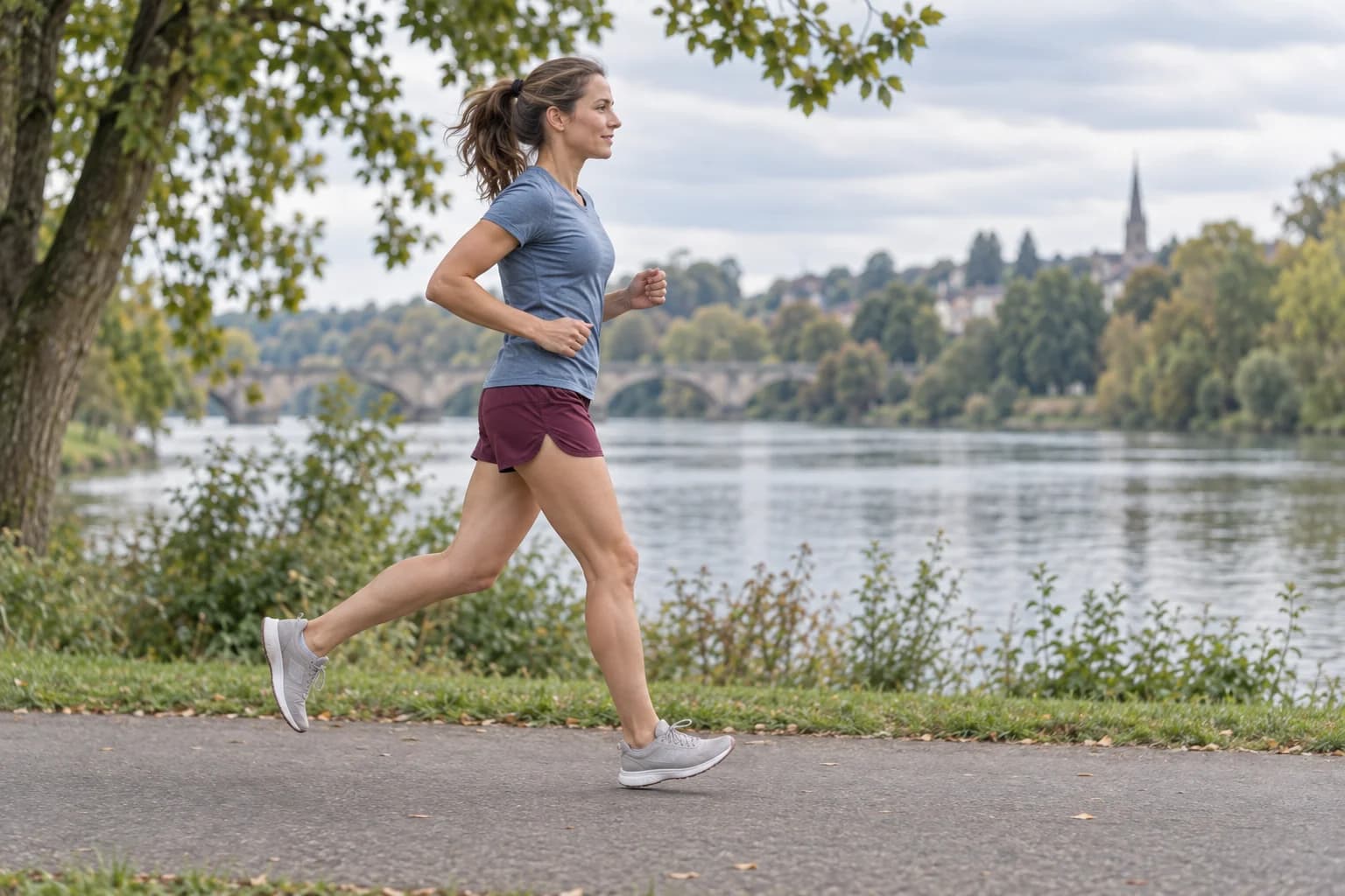 Side view of a woman running on a path beside the water