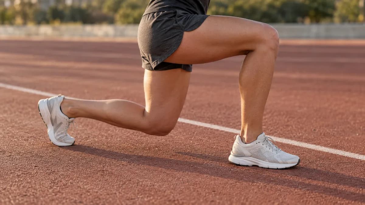 Close-up of bent legs and running shoes during a lunge on an athletics track