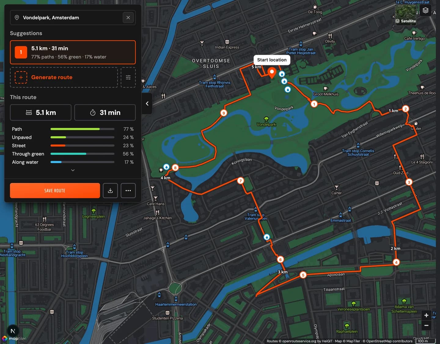 Route planner with a suggested 5 km loop from the Vondelpark