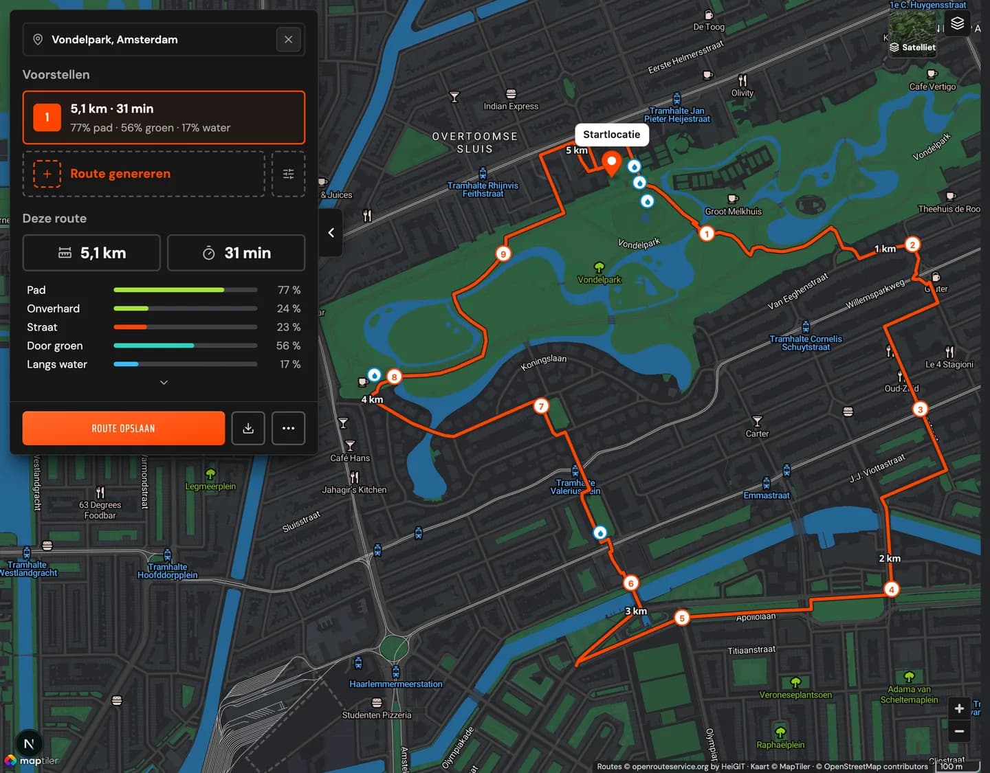 Routeplanner met een voorgestelde ronde van 5 km vanaf het Vondelpark