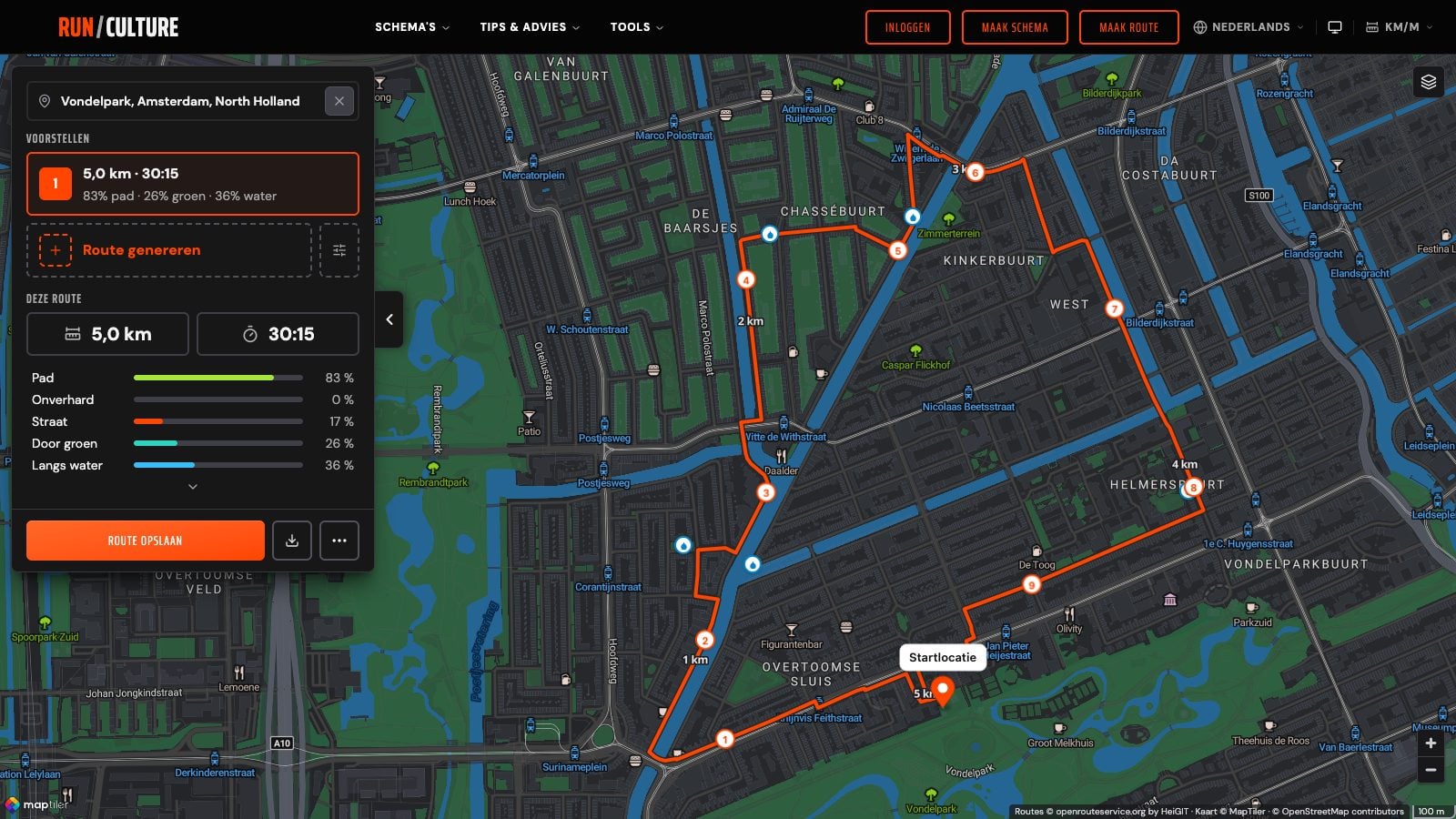 The RunCulture route planner with the work panel on the left, a generated route suggestion on the map, kilometre markers and legend