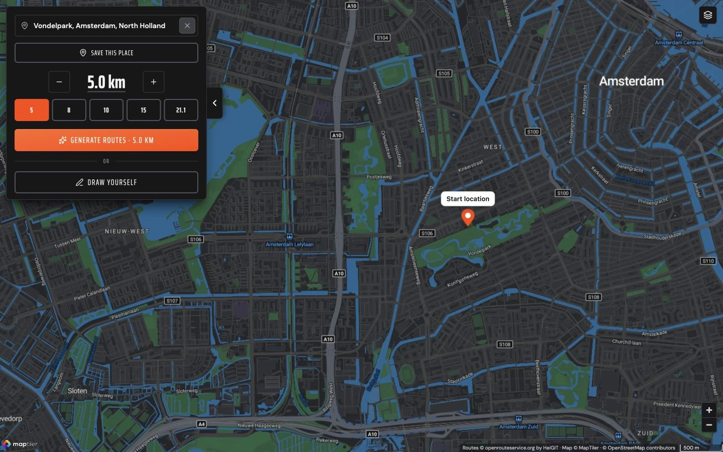 Starting point chosen in the work panel: draw yourself or generate routes