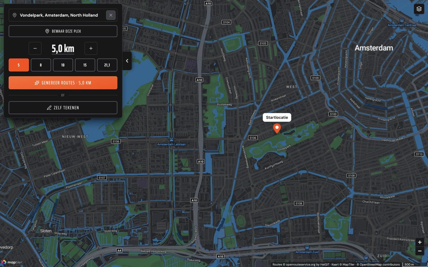 Startpunt gekozen in het werkpaneel: zelf tekenen of routes laten genereren