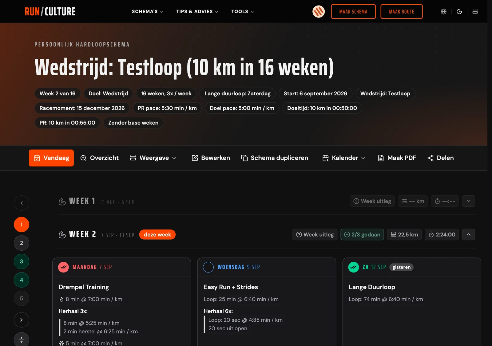 Een persoonlijk 10 km-schema op RunCulture, ingelogd als eigenaar, met de knop Bewerken in de toolbar boven het weekoverzicht