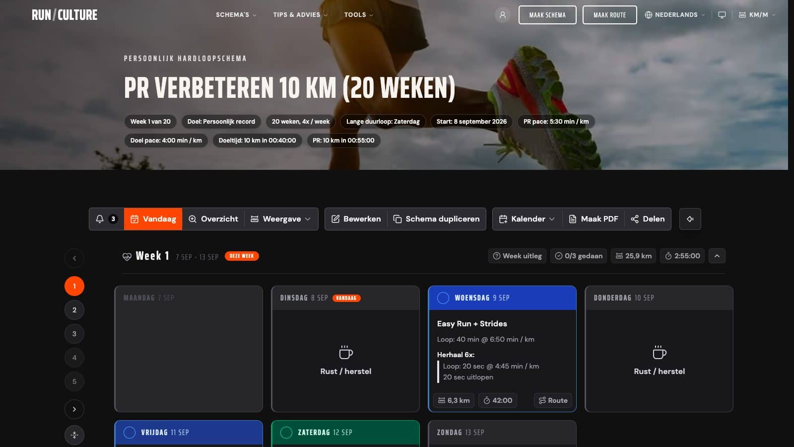 A personal 10 km plan on RunCulture, signed in as the owner, with the Edit button in the toolbar above the week overview